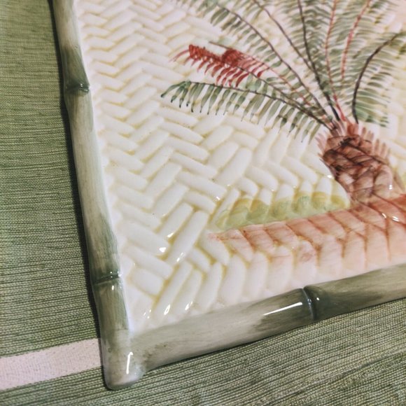 Style Eyes By Baum Bros 12" Palm Tree Square Serving Plate / Platter Bamboo Edge - Picture 3 of 9
